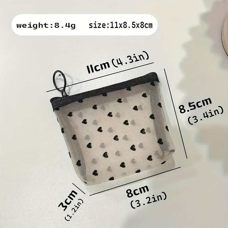 Heart Pattern Mesh Makeup Bag Cosmetic Zipper Pouch Small Travel Storage Bag