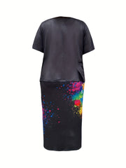 Women's Plus Size Casual Two Piece Set: Letter Print Top & Floral Skirt