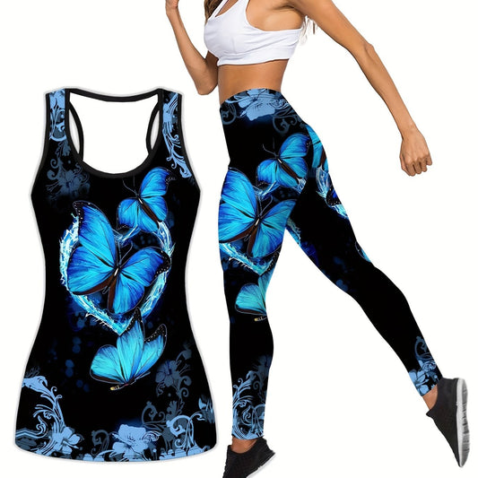  Butterfly Print Tank Top & Leggings Fitness Set