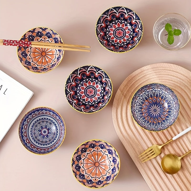 Bohemian Ceramic Rice Bowls Set of 4 Assorted Dinnerware Geometric Pattern