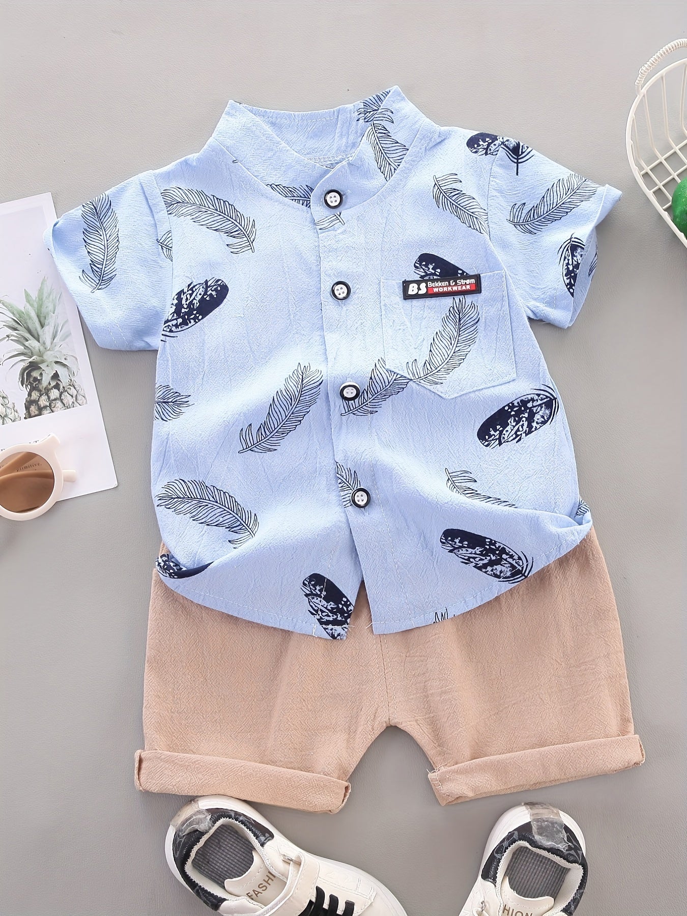 2pcs Baby Boys Feather Print Shirt & Shorts Set Cotton Casual Clothes