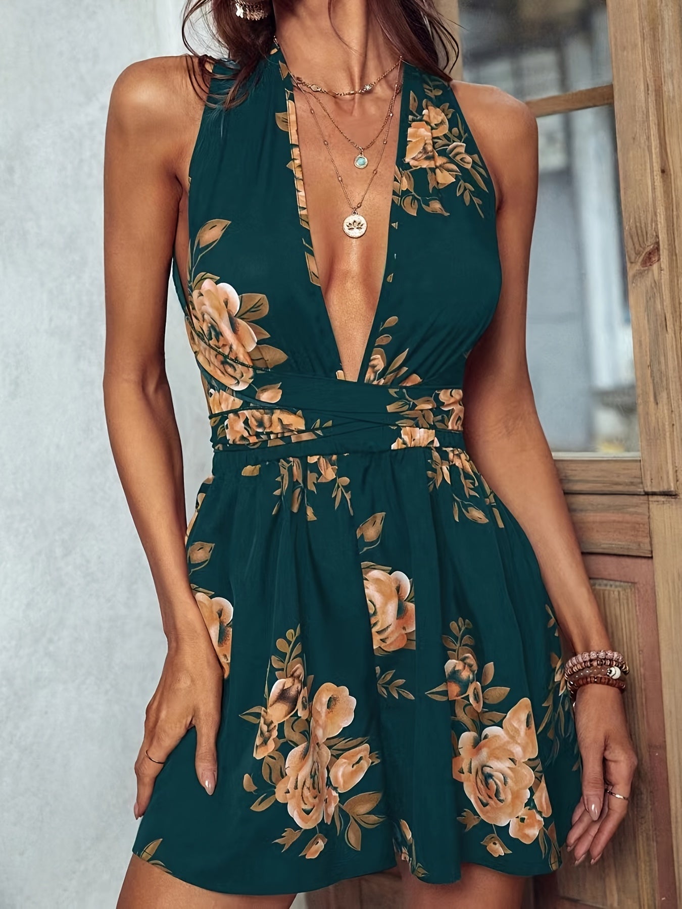Floral Print Belted Romper Jumpsuit Plunge Neck Backless Halter Romper Jumpsuit