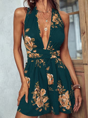Floral Print Belted Romper Jumpsuit Plunge Neck Backless Halter Romper Jumpsuit