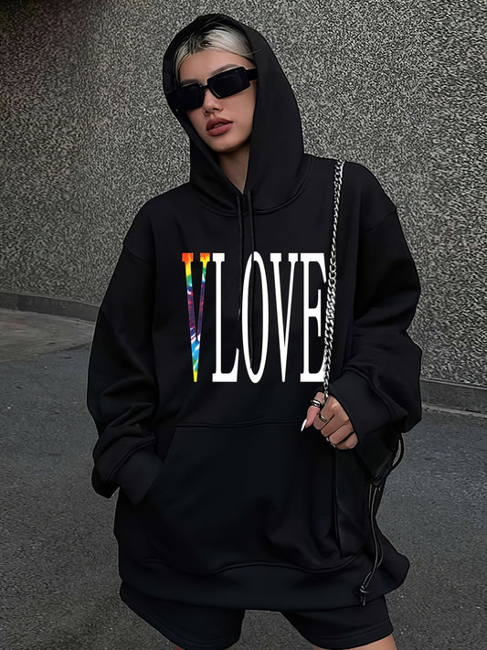Love Letter Graphic Hooded Sweatshirt Pullover Casual Fleece Top