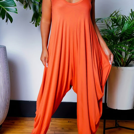  Casual Cami Jumpsuit Solid V Neck Drop Crotch Harem Cami Jumpsuit
