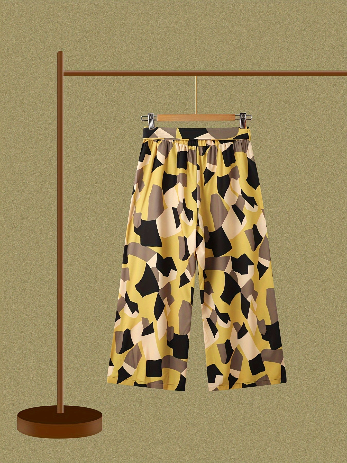 Colorblock Geometric Print Belted High Rise Wide Leg Pants