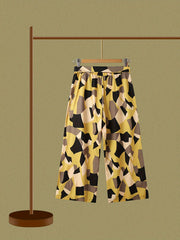 Colorblock Geometric Print Belted High Rise Wide Leg Pants