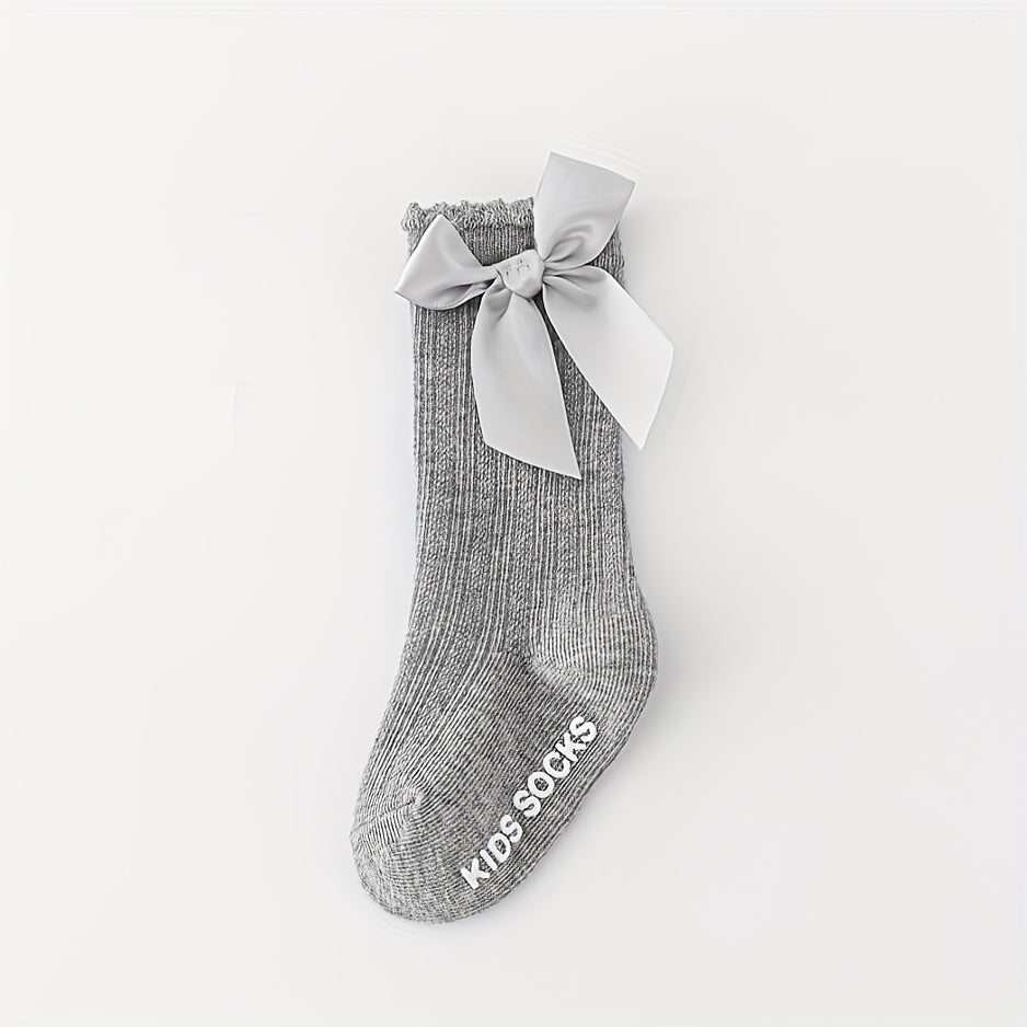 Toddler Girls Knee High Cotton Socks Solid Bowknot Spring Summer