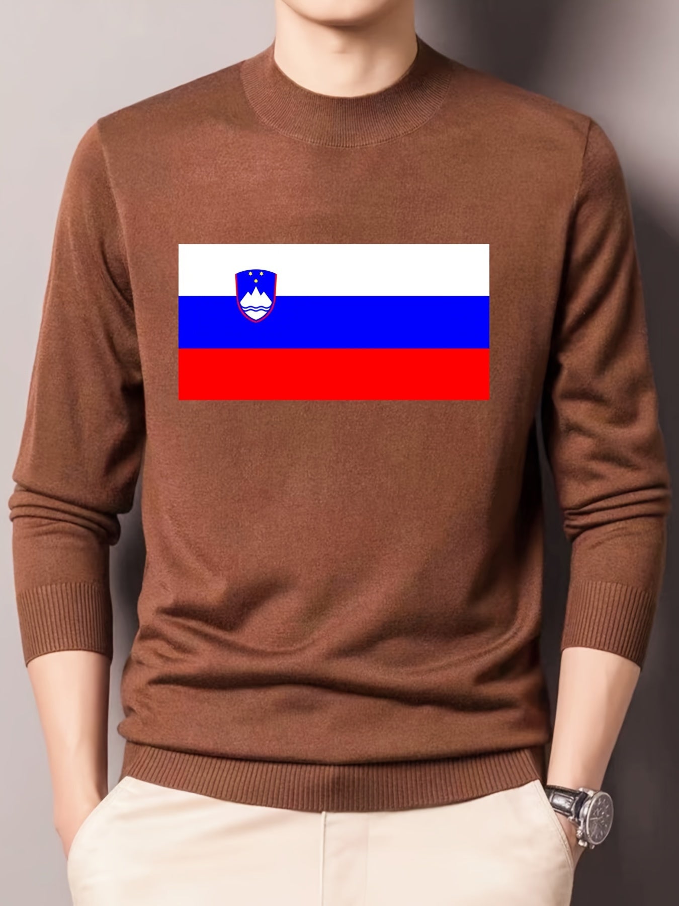 Slovenian Flag Print Men's Knitted Sweater Slim Fit Crew Neck Tops