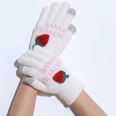 Strawberry Decorated Plush Winter Warm Gloves for Women Girls
