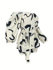 Geometric Print Front Tie Two Pieces Set Off Shoulder Tie Waist Blouse & Shorts