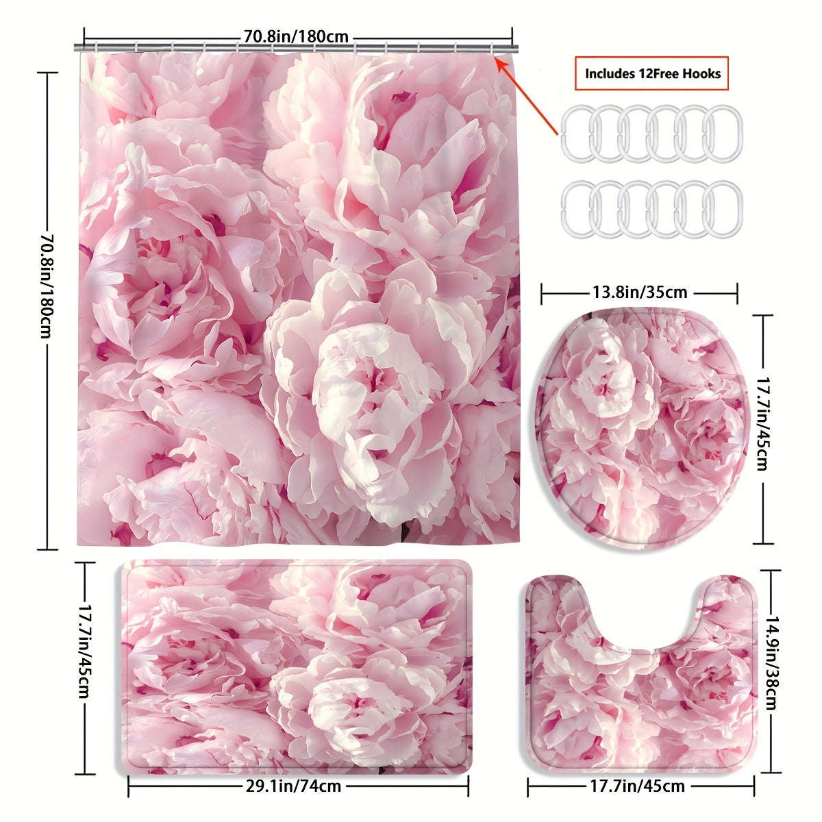4pcs Pink Flowers Shower Curtain Waterproof Bathroom Decor Set