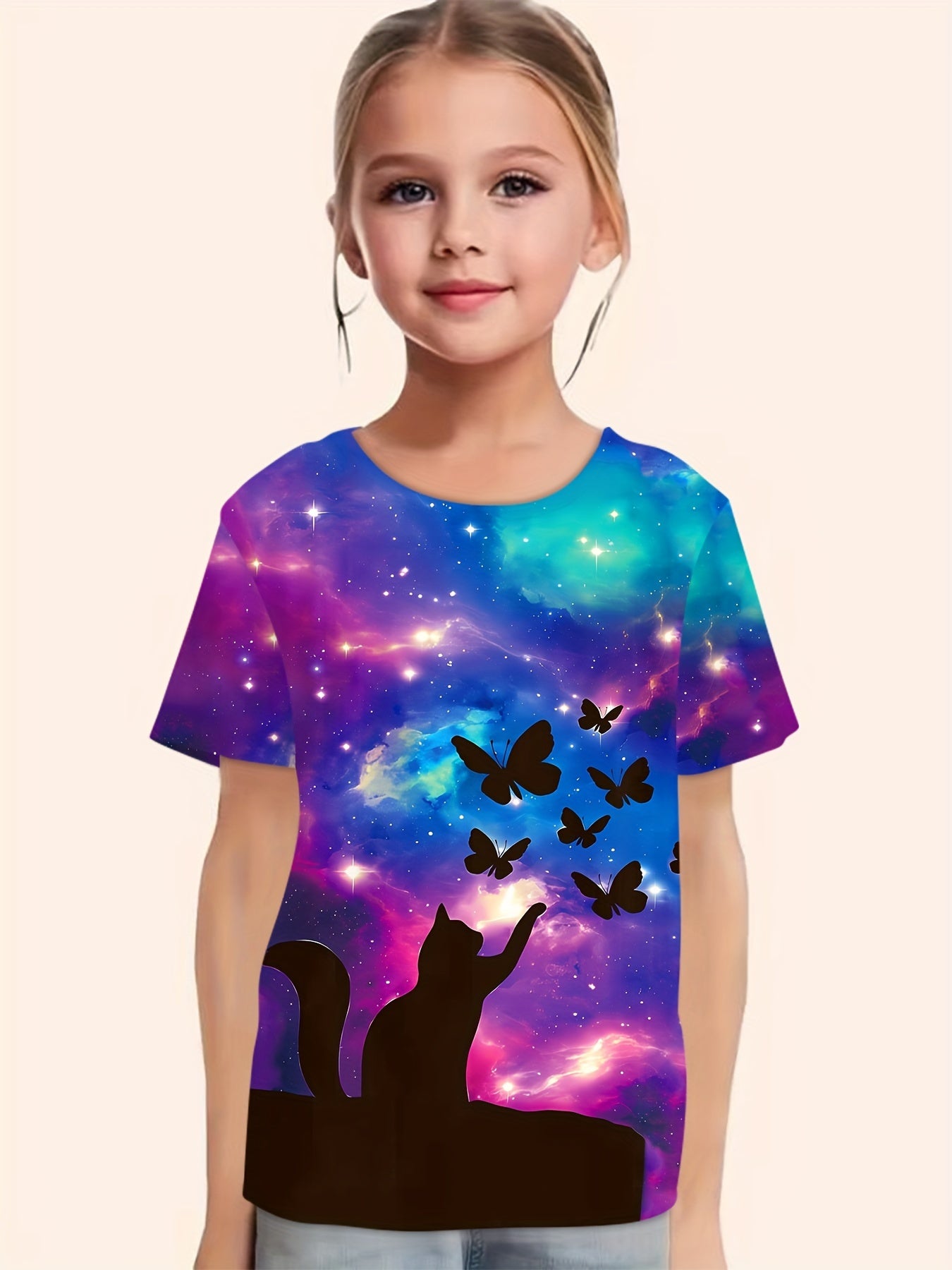Girls Starry Sky & Kitty & Butterfly Print Short Sleeve T shirt