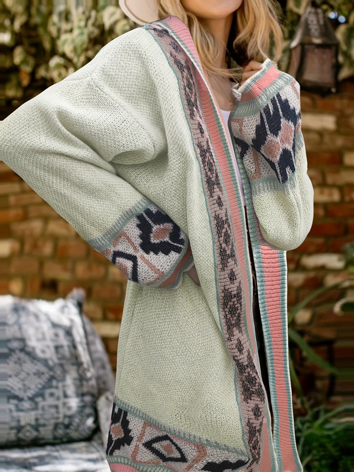  Geo Pattern Long Sleeve Open Front Sweater Cardigan