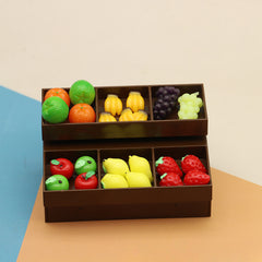 2 Tier Dollhouse Fruit Snack Shelf Dark Brown Plastic Model with Colorful Fruits