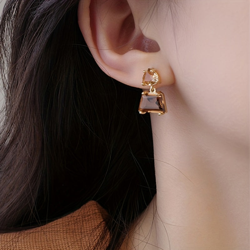 14k Plated Japanese & Brown Faux Crystal Earrings - Mother's Gift