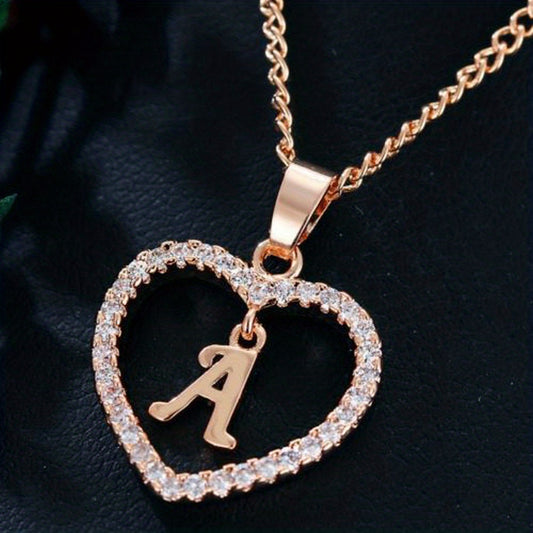 Initial Letters A T Pendant Love Heart Rhinestones Pendant Necklace