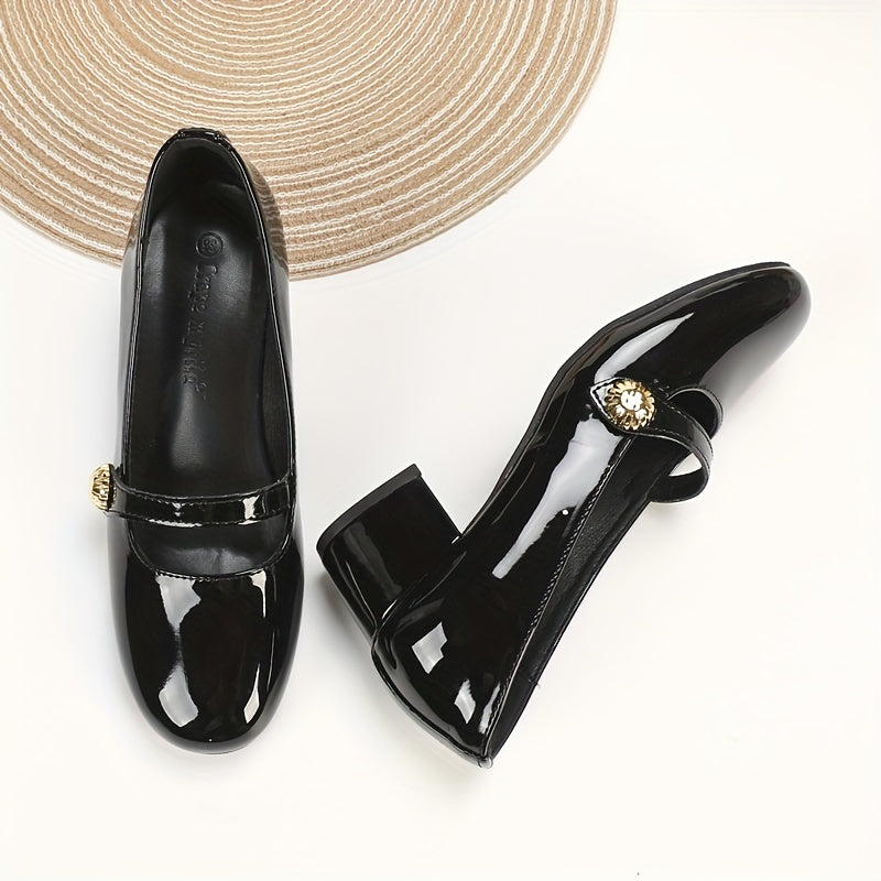 Women's Chunky Heel Mary Jane Retro Slip On Patent Leather Mid Heels