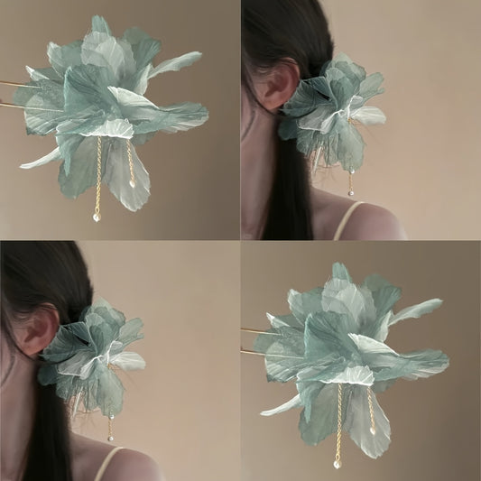 Chiffon Flower Hair Pin w/ Pearl Tassel Chinese Style Hair Clip Prom Accessories