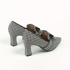 Women's Houndstooth Pumps Bowknot Slip On Chunky Heels