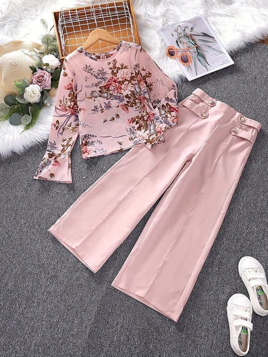 Girls 2pcs Long Sleeve Top & Pants Floral Print Kids Clothes