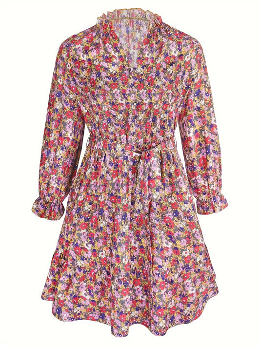  Floral Print Lantern Sleeve V Neck Dress