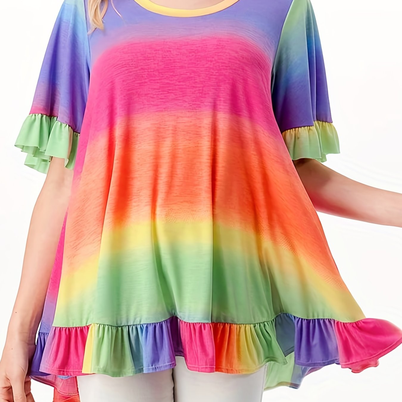  Colorblock Rainbow Print Ruffle Trim Short Sleeve Dress