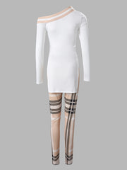 Irregular Bodycon Two piece Set Letter Print Long Sleeve Tops & Plaid Pants