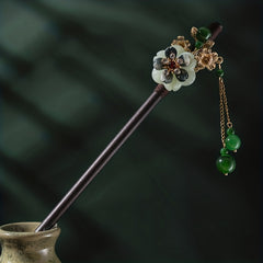 Chinese Floral Hairpin Faux Jade Pendant Wooden Hair Stick Ponytail Holder