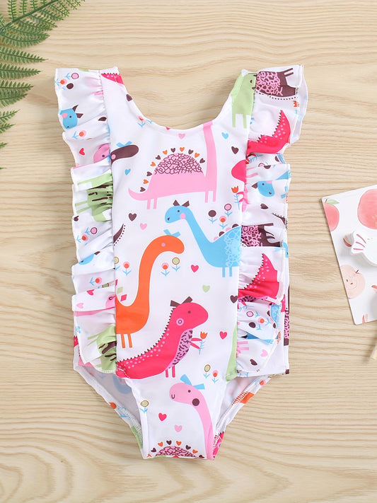 Baby Girls Dinosaur Print Ruffle Trim Swimsuit