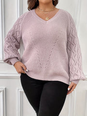  Solid Argyle Pattern Lantern Sleeve V Neck Sweater