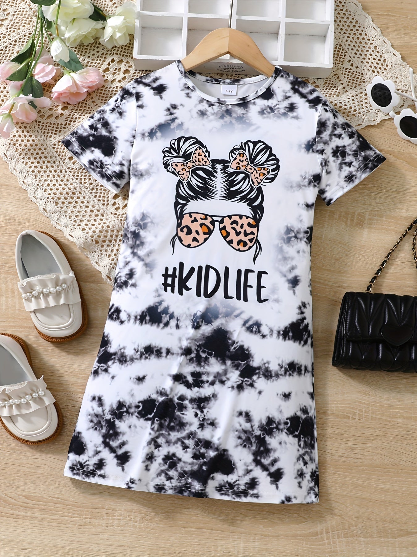Girls Tie Dye Short Sleeve T Shirt Dress Loose Fit Comfortable Random Print