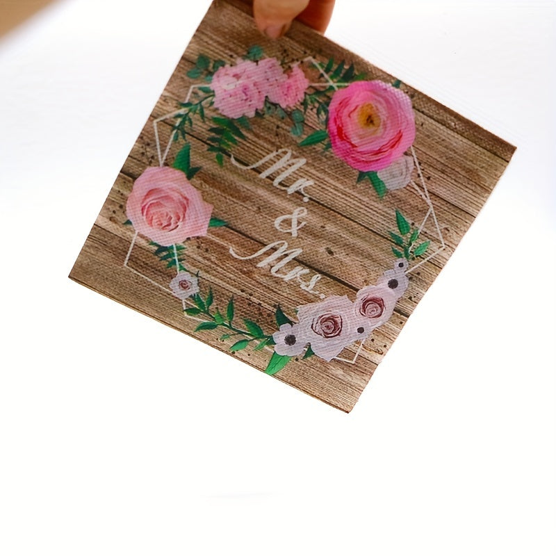 20pcs Rustic Wooden Wedding Tea Party Pink Floral Mr And Mrs Paper Napkins