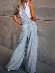 Solid Wide Leg Denim Overalls