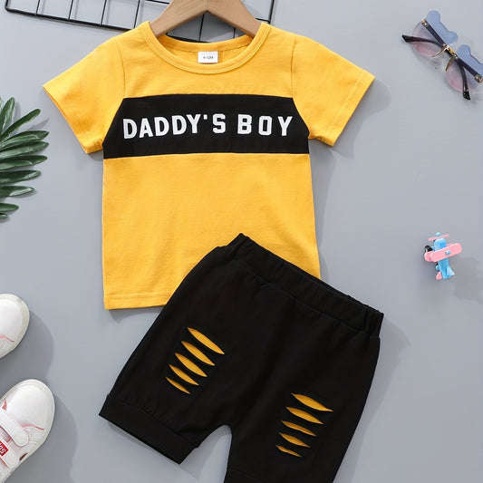 2pcs Baby Boys Casual T-shirt & Ripped Shorts Set Clothes