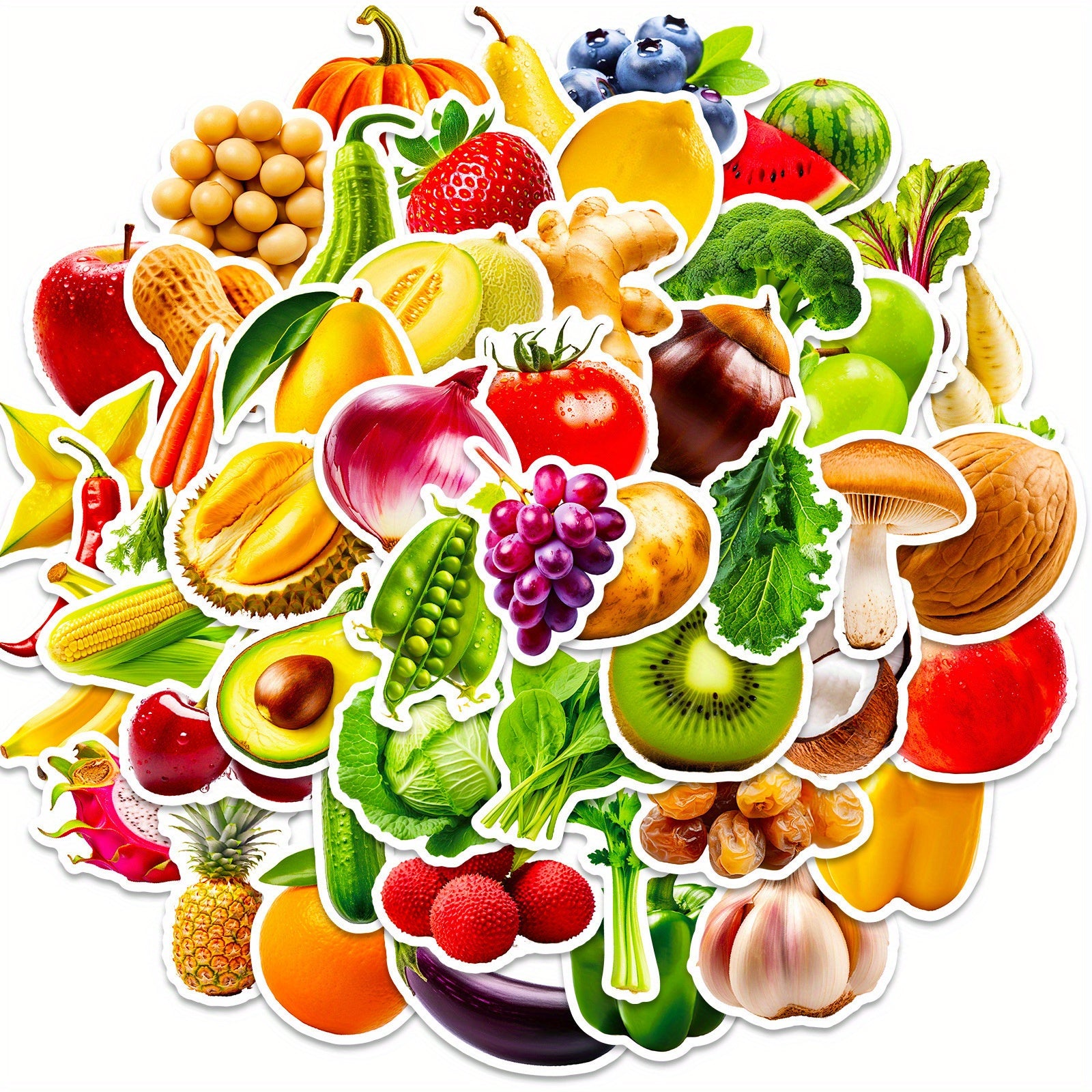 50pcs Fruit & Veggie Cartoon Stickers for Water Bottle Skateboard
