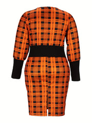  Colorblock Plaid Print Lace Up Lantern Sleeve Dress