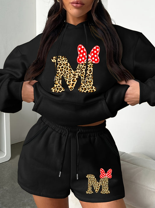 Women's Plus Letter & Bow Print Hoodie & Shorts Outfit Set