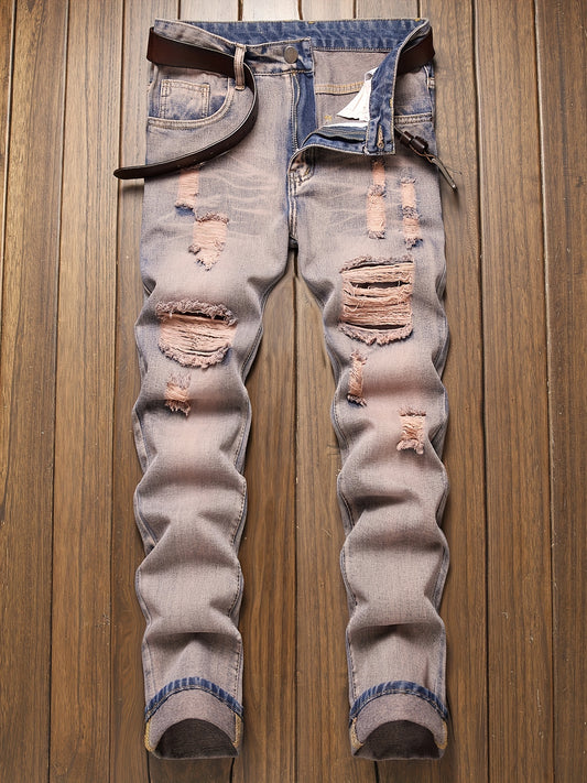 Slim Fit Ripped Jeans Mens Casual Street Style Distressed Denim Pants