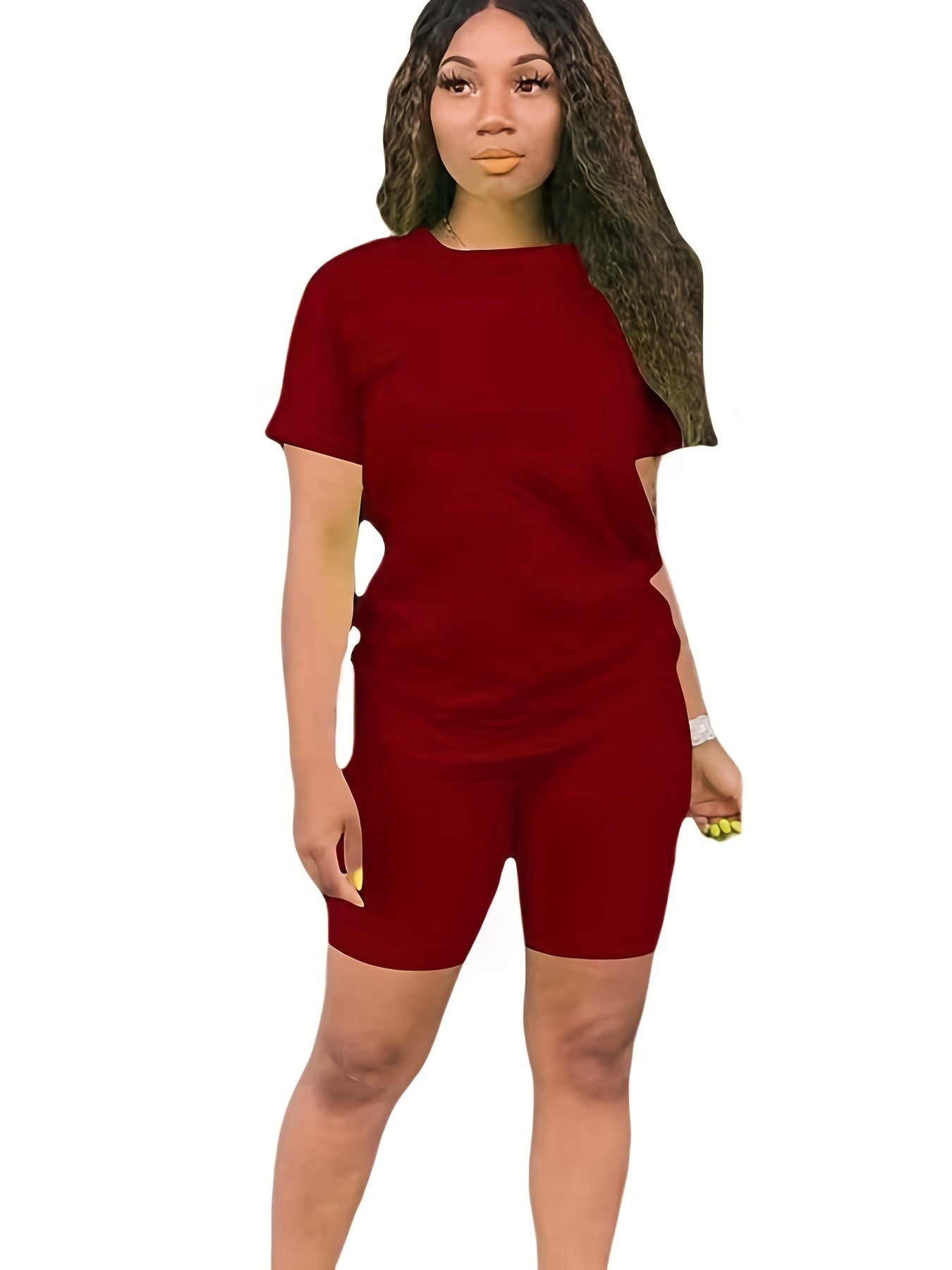 Solid Two-piece Set Short Sleeve T-shirt & High Waist Shorts