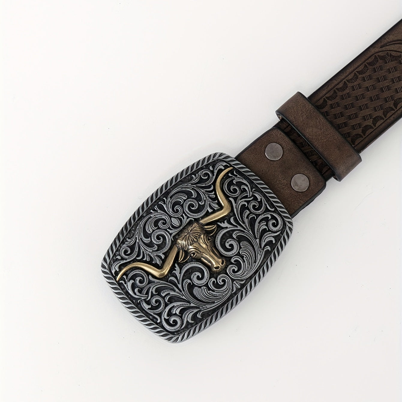 Cattle Head Floral Embossed Buckle Casual Western PU Leather Belt