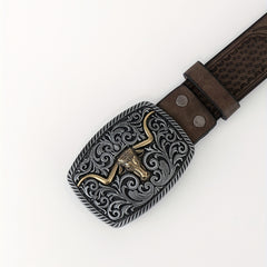 Cattle Head Floral Embossed Buckle Casual Western PU Leather Belt