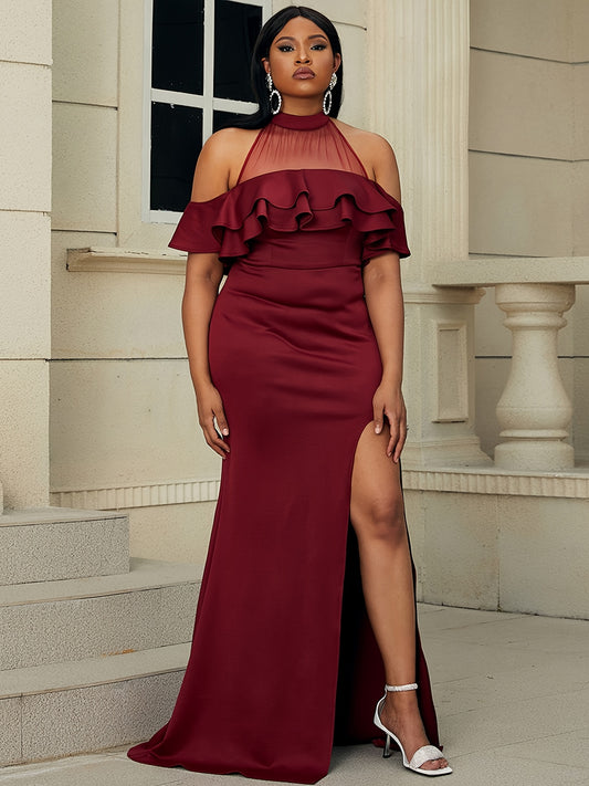  Contrast Mesh Off Shoulder Ruffle Trim Maxi Dress