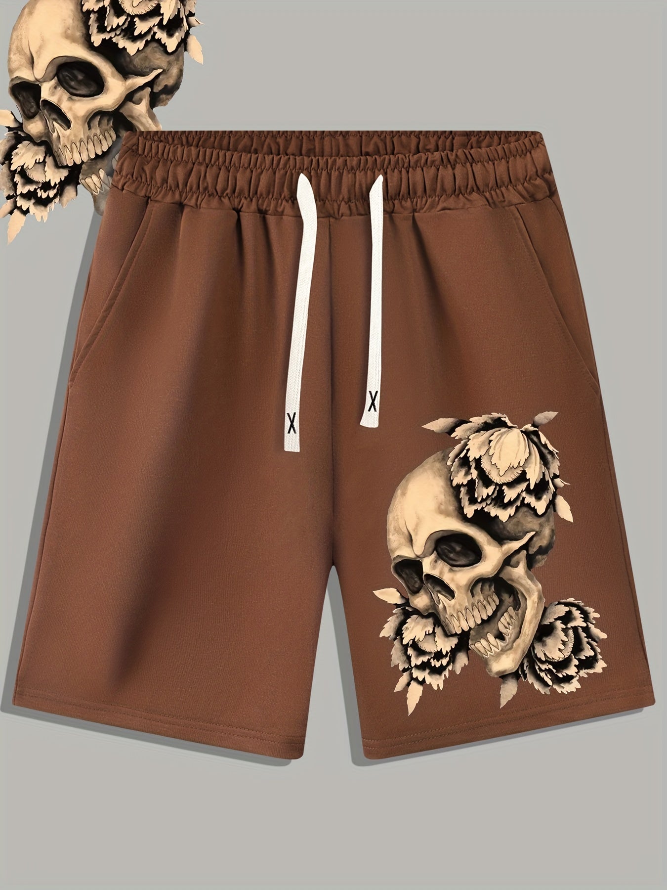 Skull & Flower Print Men's Casual Drawstring Shorts