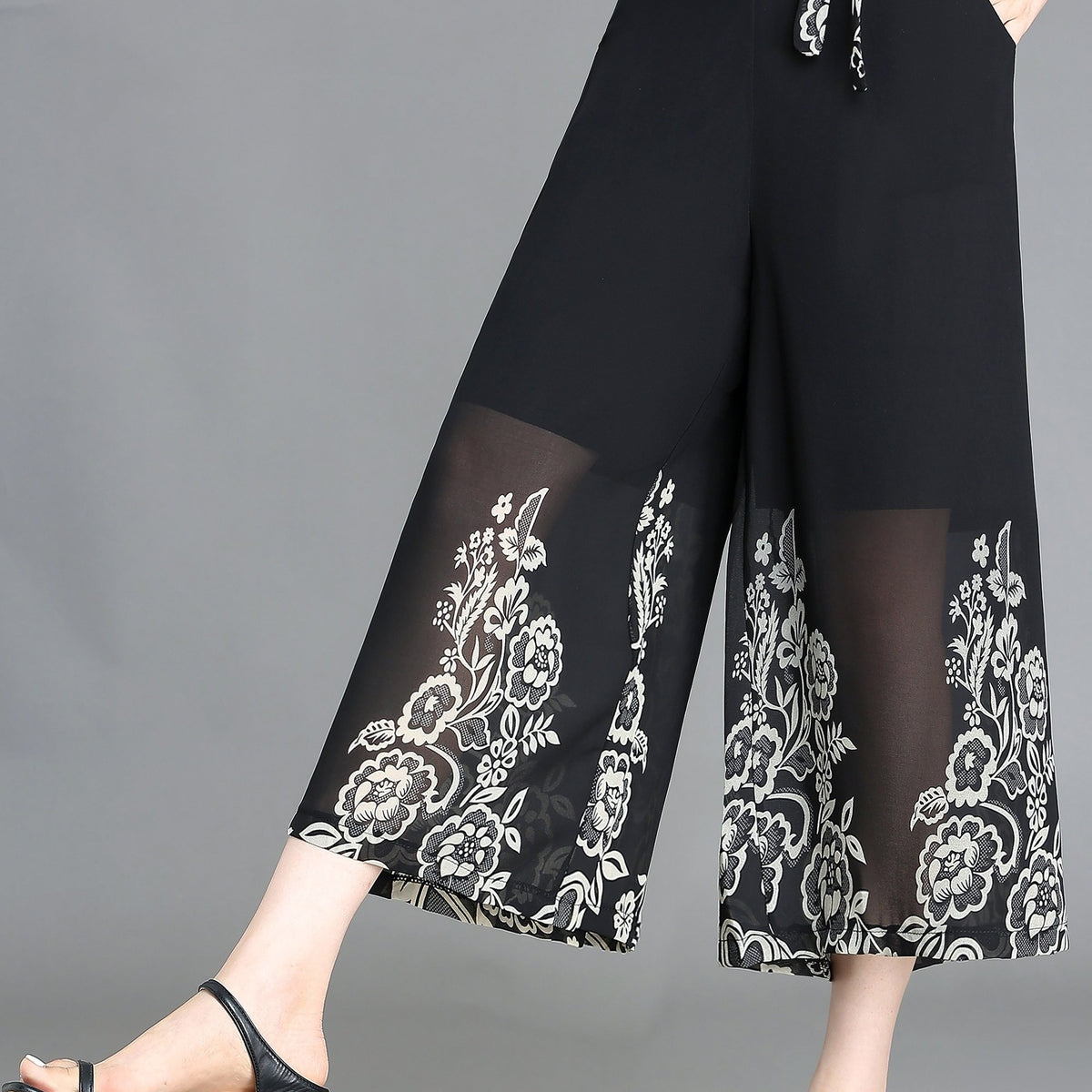 Floral Pattern Chiffon Cropped Wide Leg Pants Casual Belted Pants