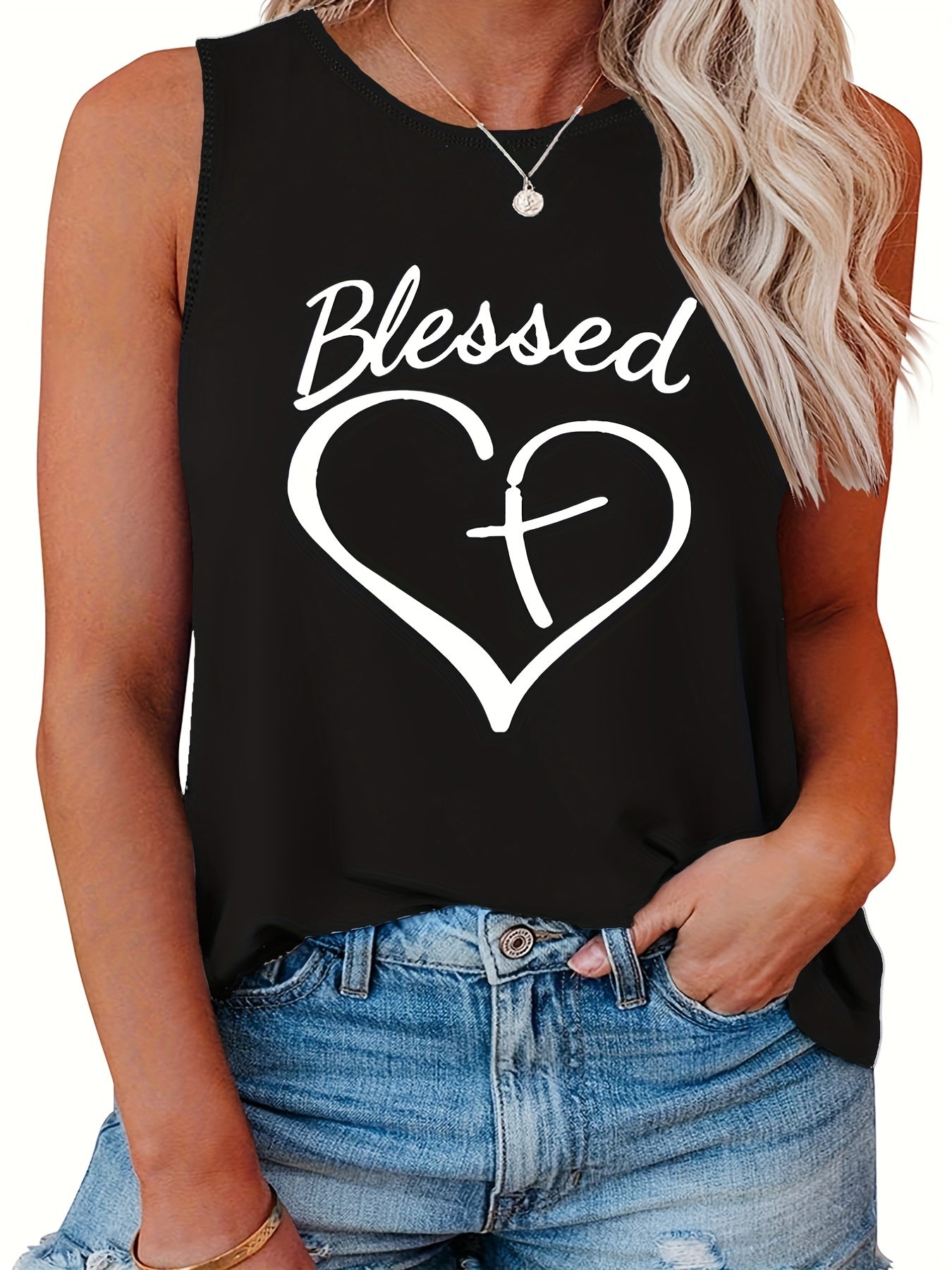  Cross In Heart Print Round Neck Tank Top