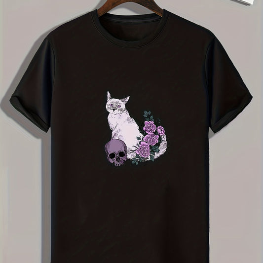 Cat & Skull Pattern T shirt For Men Short Sleeve Top Casual Tee Men's Clothes
