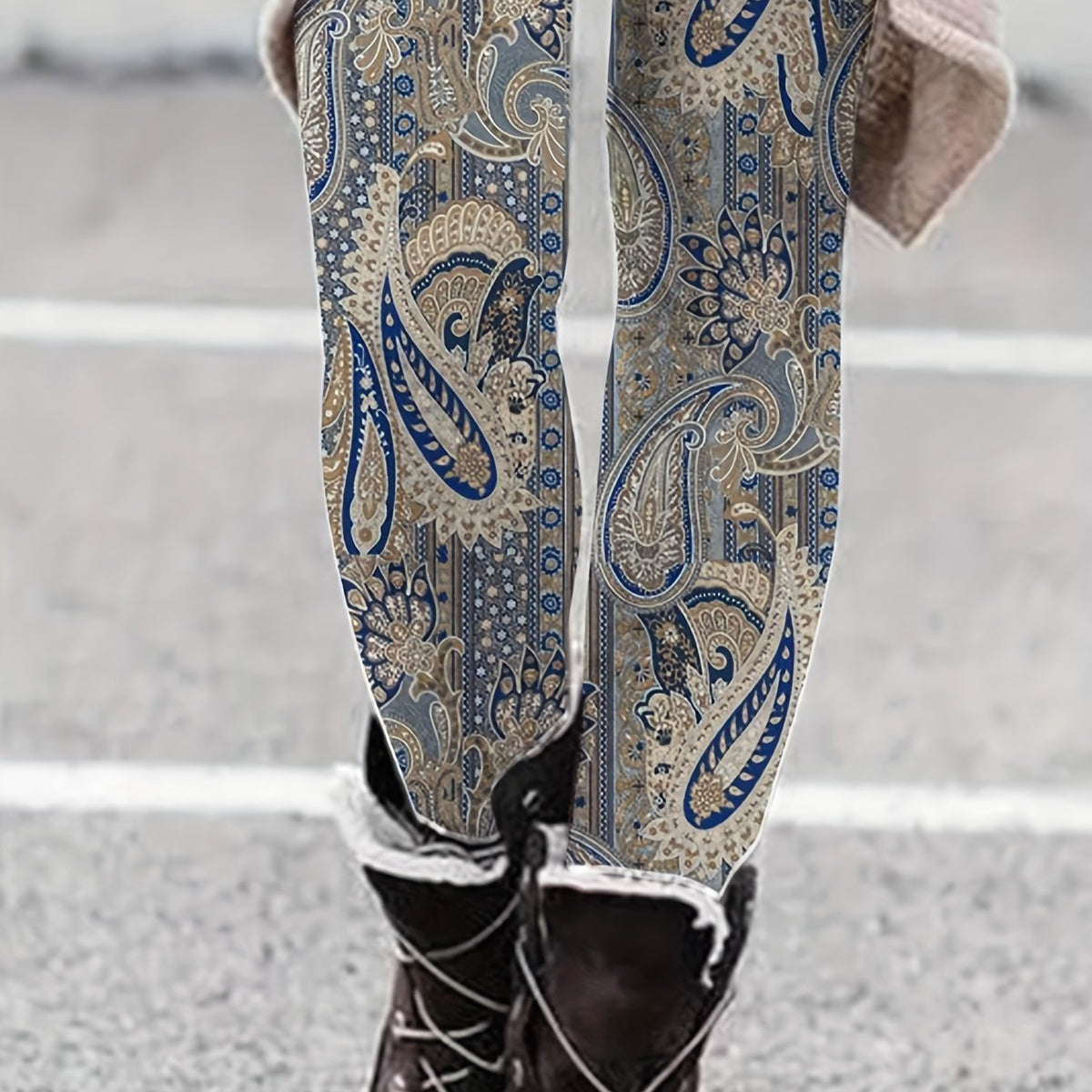  Boho Leggings Women's Plus Paisley Print Elastic High Rise