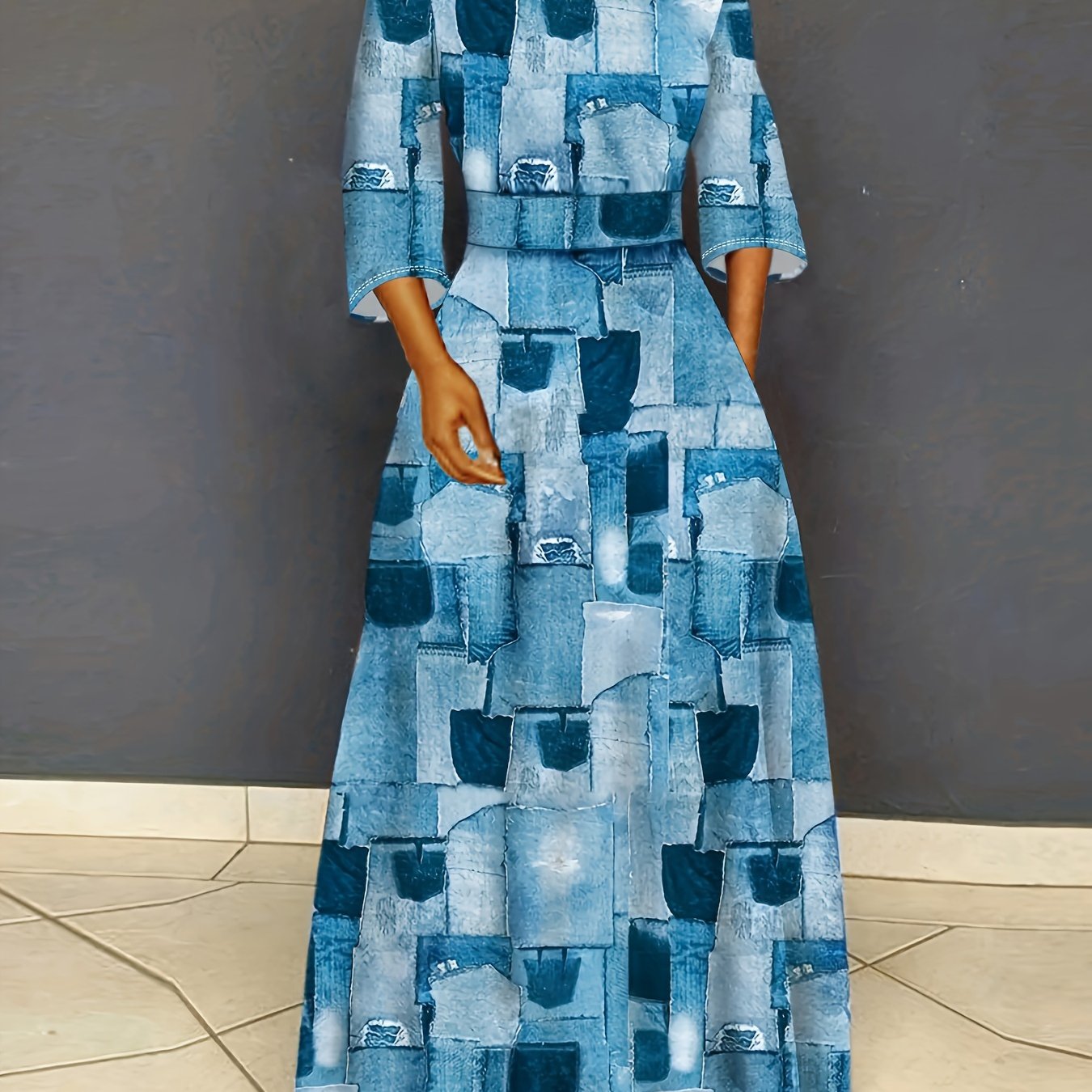  Denim Print Maxi Dress with Pockets