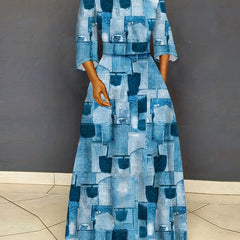  Denim Print Maxi Dress with Pockets